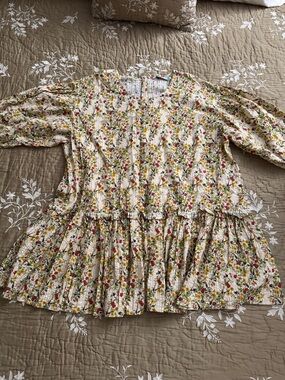 Bohemian Traders Cream Floral Peplum Blouse with Red & Yellow Blooms